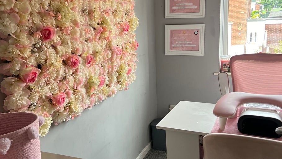 Elegant floral wall and pink decor at Dolled by D.X, Rotherham, England, GB.
