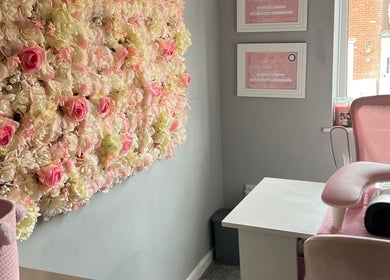 Elegant floral wall and pink decor at Dolled by D.X, Rotherham, England, GB.