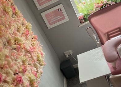 Elegant floral wall and beauty setup at Dolled by D.X, Rotherham, England, GB.