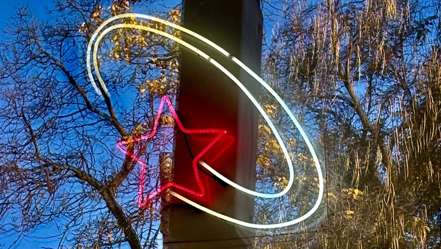 Neon star sign at Danielle Frances Hair, reflecting trees in Toronto, Ontario, CA.
