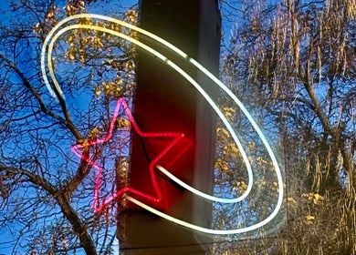 Neon star sign at Danielle Frances Hair, reflecting trees in Toronto, Ontario, CA.