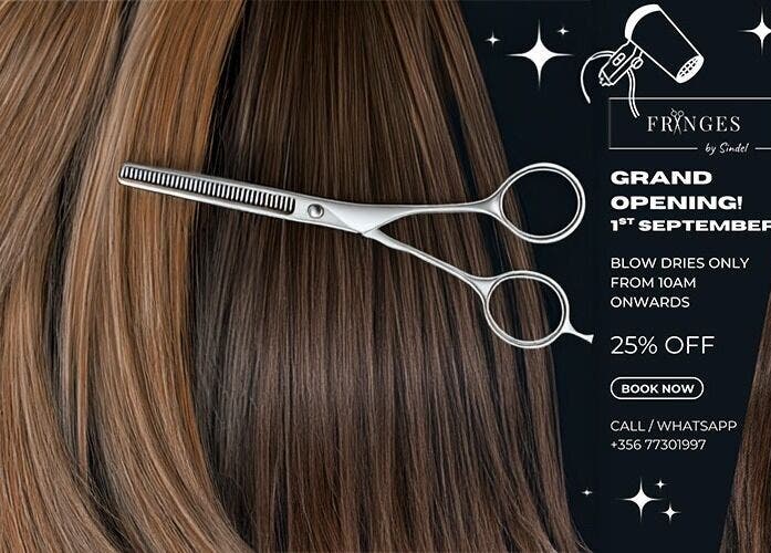 Grand opening of Fringes by Sindel in Ħal Tarxien, MT. Hair salon promo with scissors and hair graphics.