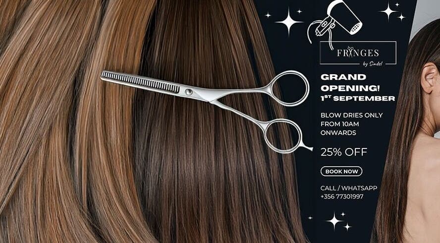 Grand opening of Fringes by Sindel in Ħal Tarxien, MT. Hair salon promo with scissors and hair graphics.