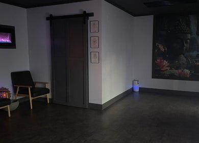 Relaxing lounge area with Buddha decor at Salt Spa II, Newport, Tennessee, US.