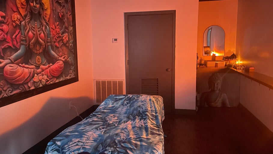 Tranquil massage room at Salt Spa II, Newport, Tennessee, US with calming decor and low warm lighting.
