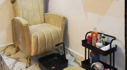 Luxury pedicure chair and product shelf at Amethyst Aura Med Spa, Ikeja, Lagos, NG.