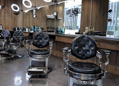 Vintage barber chairs at Gents & Rascals barbershop, HSBC tower, Auckland, Auckland, NZ.
