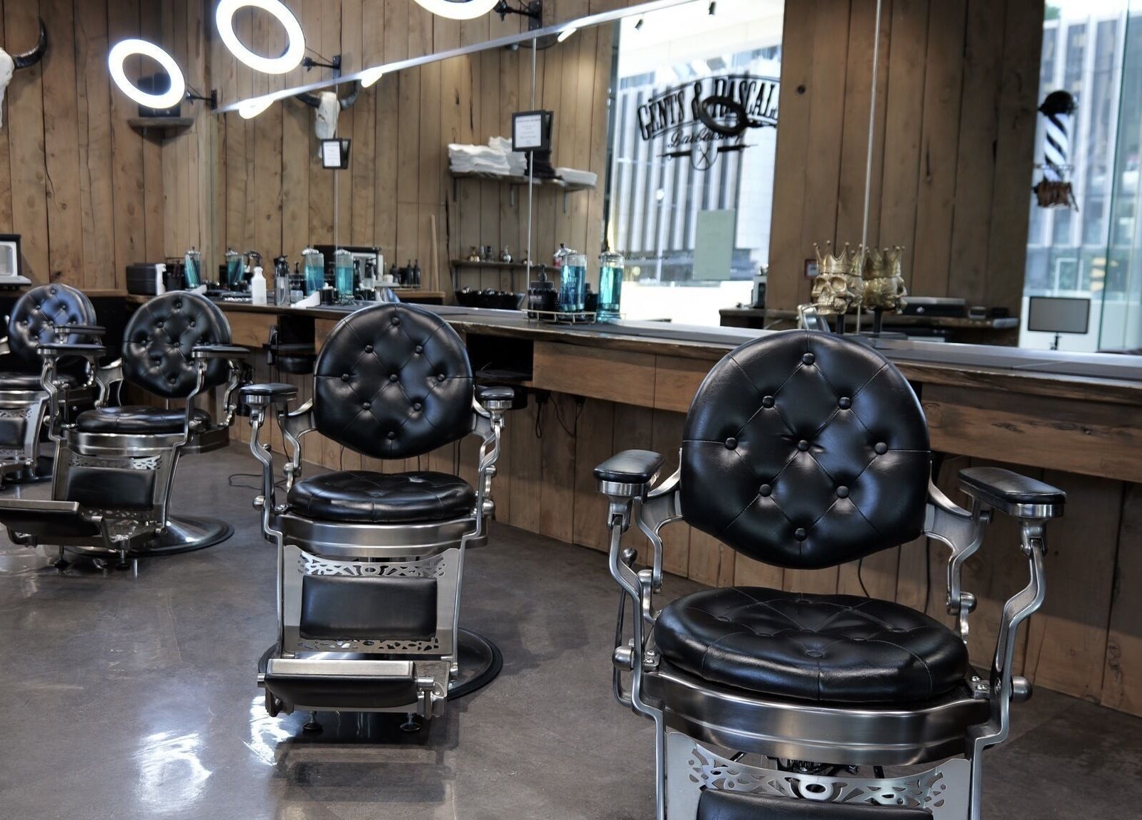 Vintage barber chairs at Gents & Rascals barbershop, HSBC tower, Auckland, Auckland, NZ.