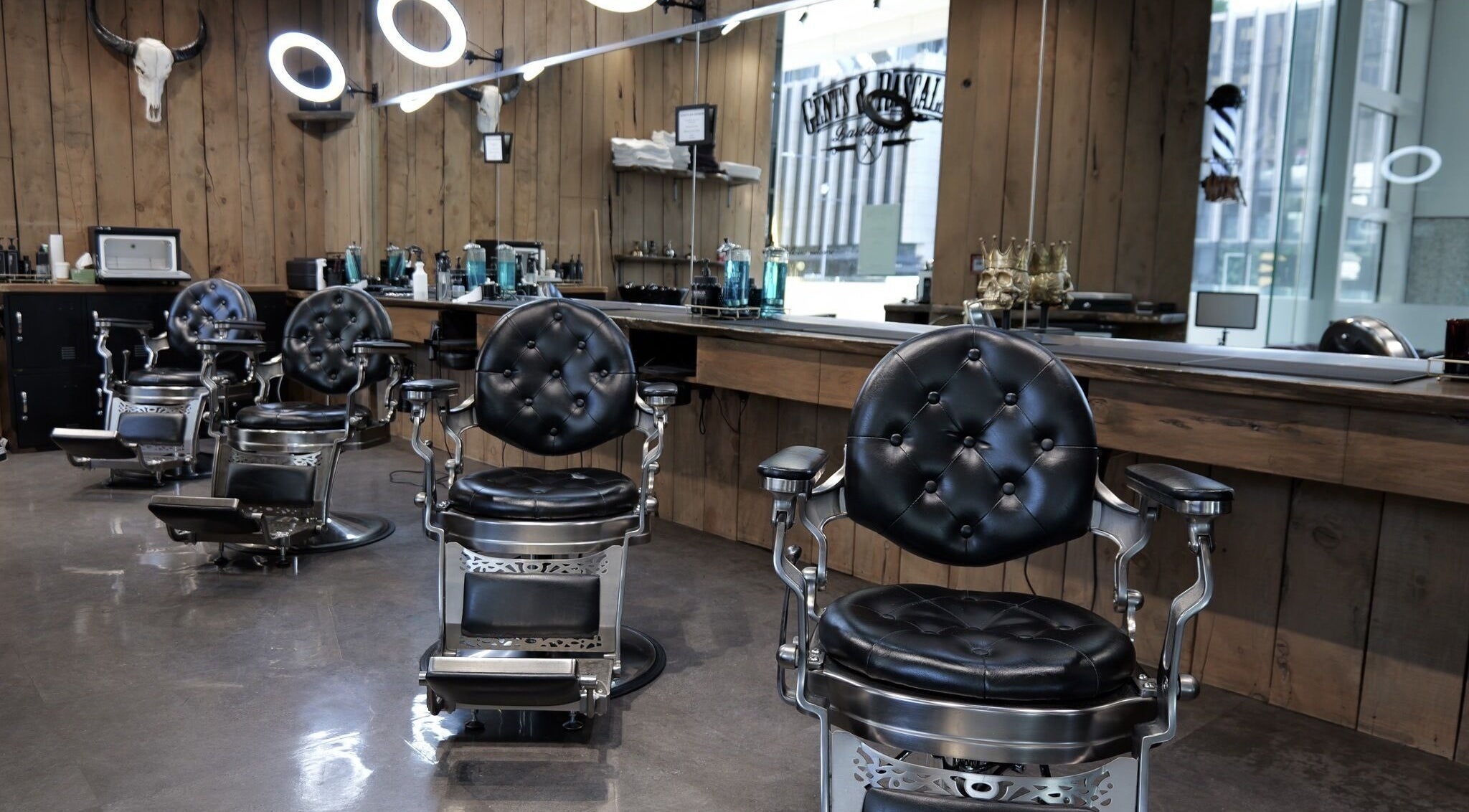 Vintage barber chairs at Gents & Rascals barbershop, HSBC tower, Auckland, Auckland, NZ.