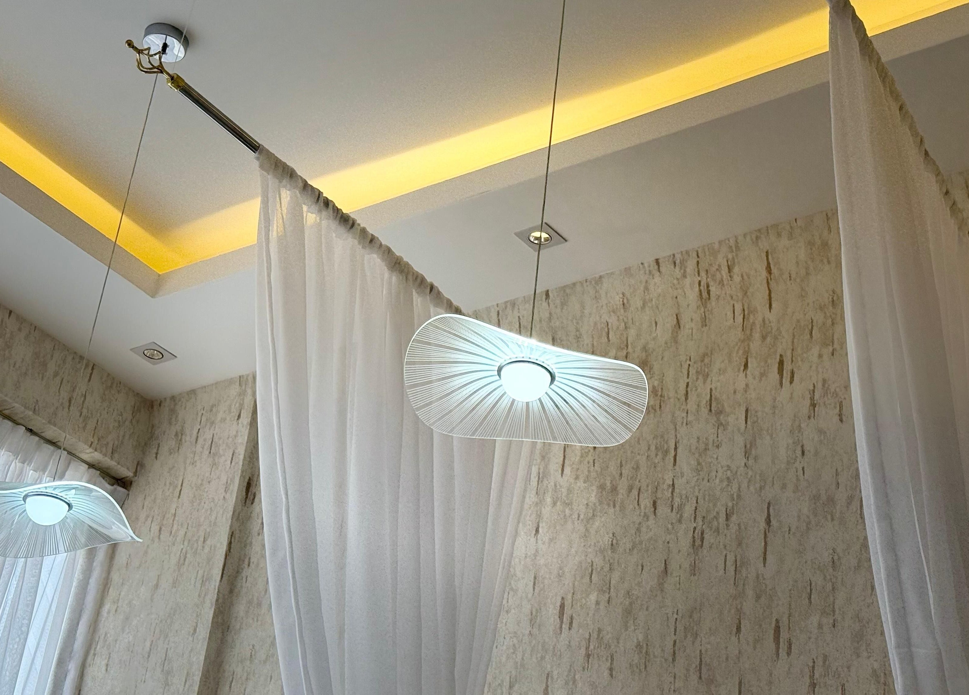Elegant ceiling light and soft drapes at H Beauty Ladies Salon, Ajman, Ajman, AE, showcasing serene ambiance.