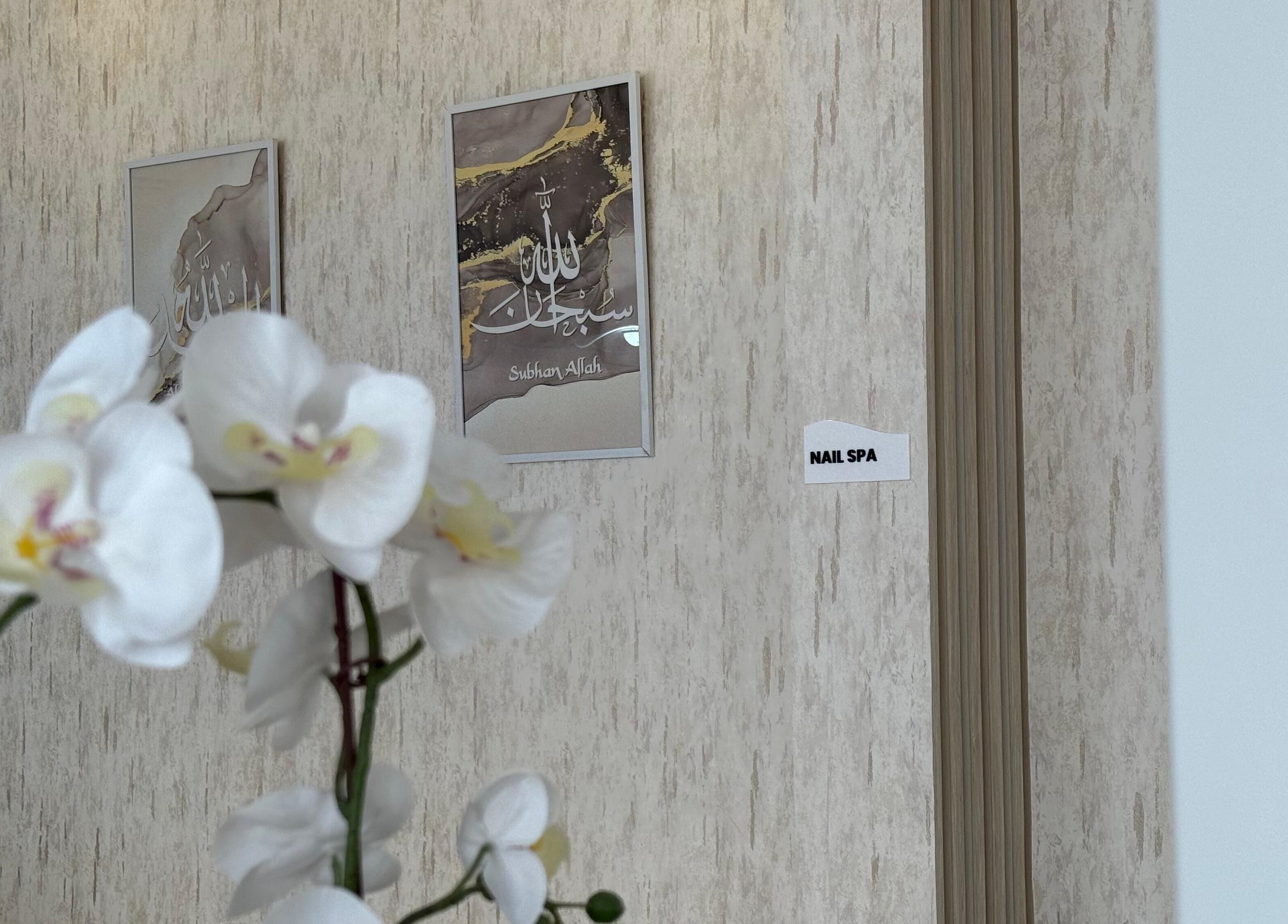 Elegant decor with orchids and artwork at H Beauty Ladies Salon, Ajman, Ajman, AE nail spa area.