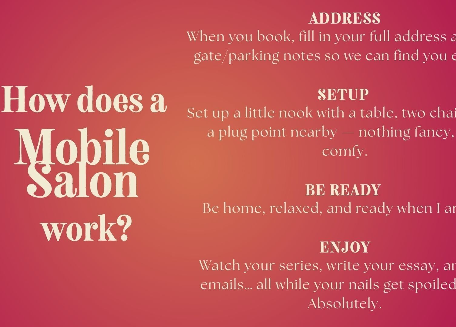 Mobile salon process at Positive Disposition in Cape Town, Western Cape, ZA explained in a vibrant image.