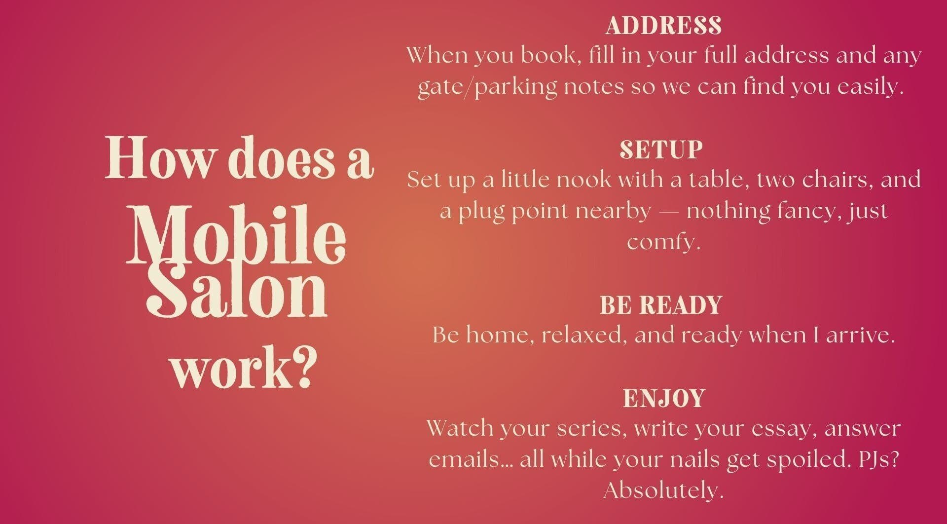 Mobile salon process at Positive Disposition in Cape Town, Western Cape, ZA explained in a vibrant image.