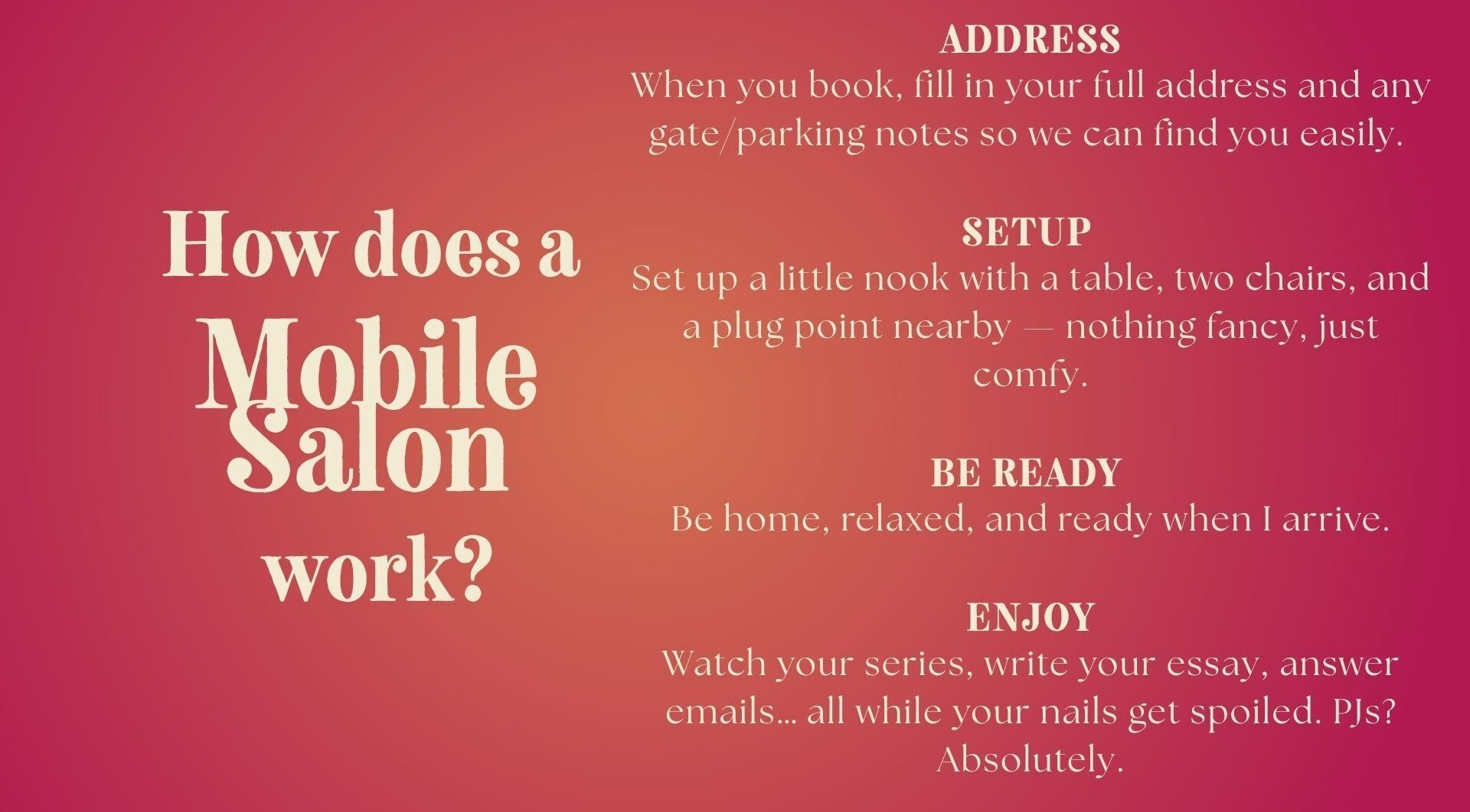 Mobile salon process at Positive Disposition in Cape Town, Western Cape, ZA explained in a vibrant image.