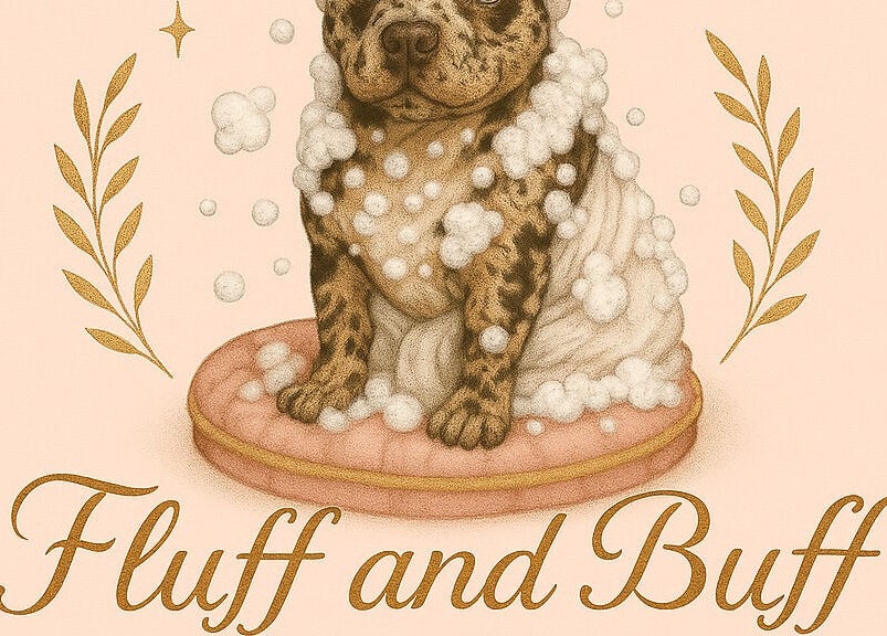 Illustration of a puppy in a bubble bath, Fluff and Buff Luxury Grooming by Catina, Ware Shoals, South Carolina, US.
