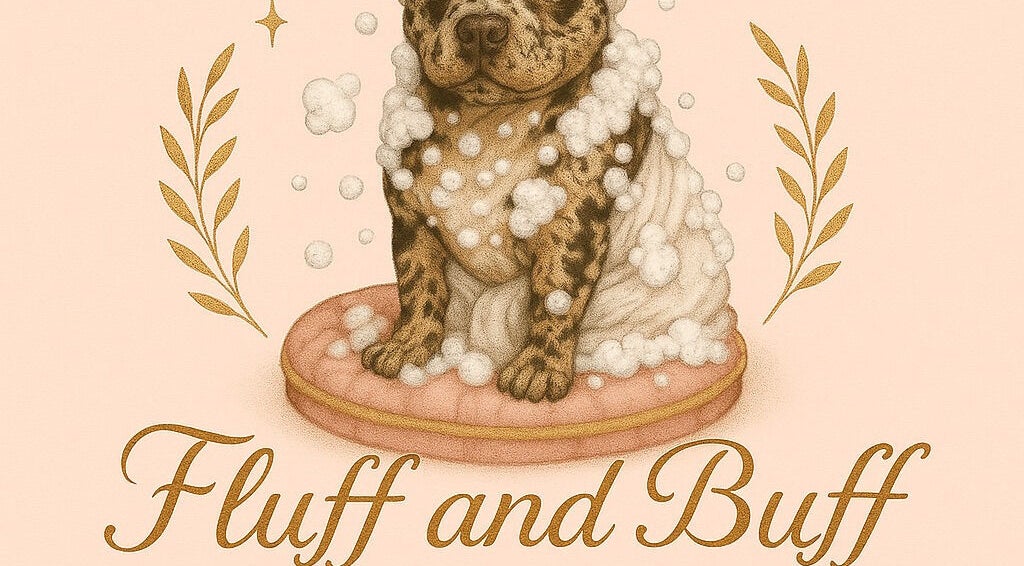 Illustration of a puppy in a bubble bath, Fluff and Buff Luxury Grooming by Catina, Ware Shoals, South Carolina, US.