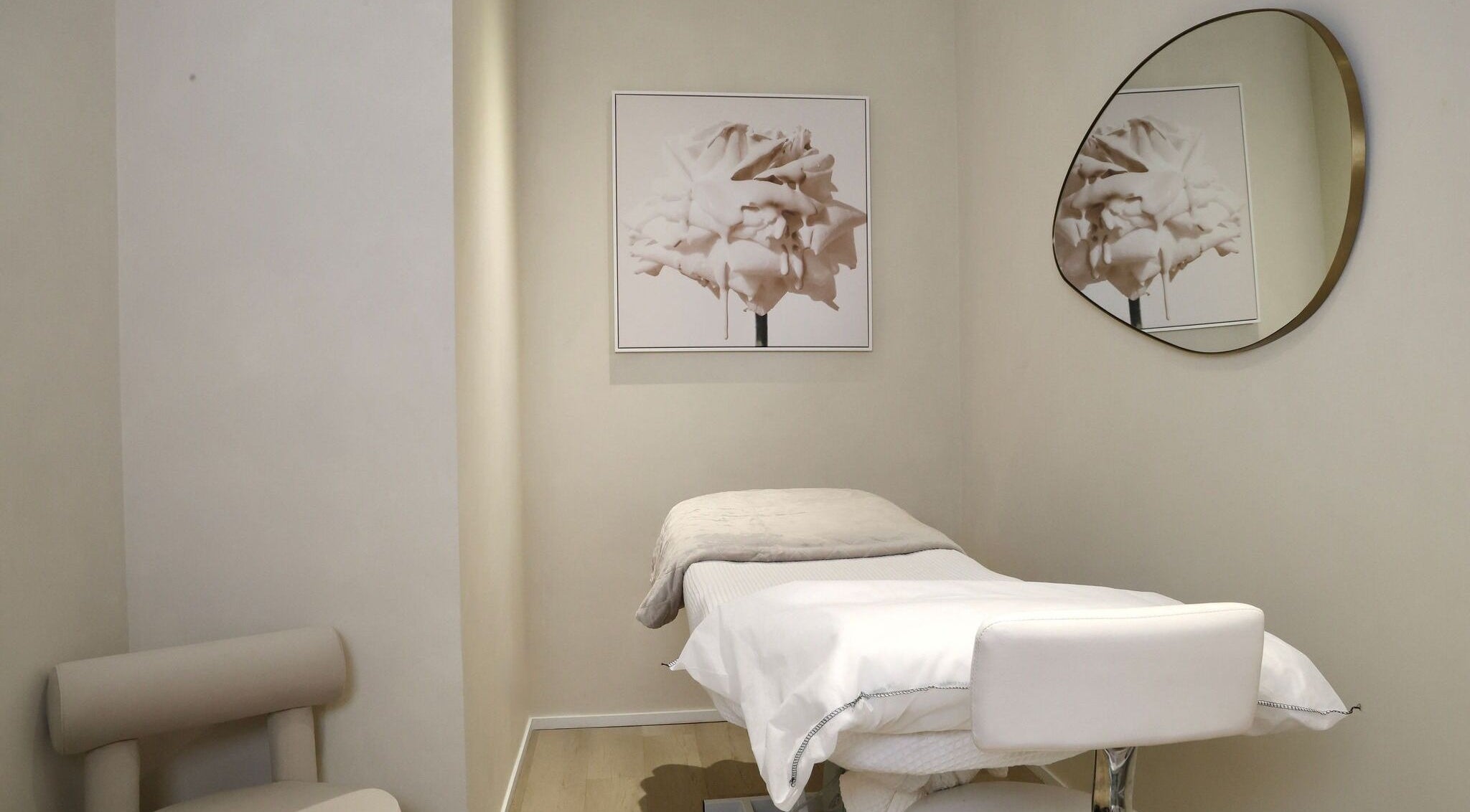 Elegant treatment room at Face Factor, Bondi Junction, New South Wales, AU, featuring minimalist decor and calming ambiance.