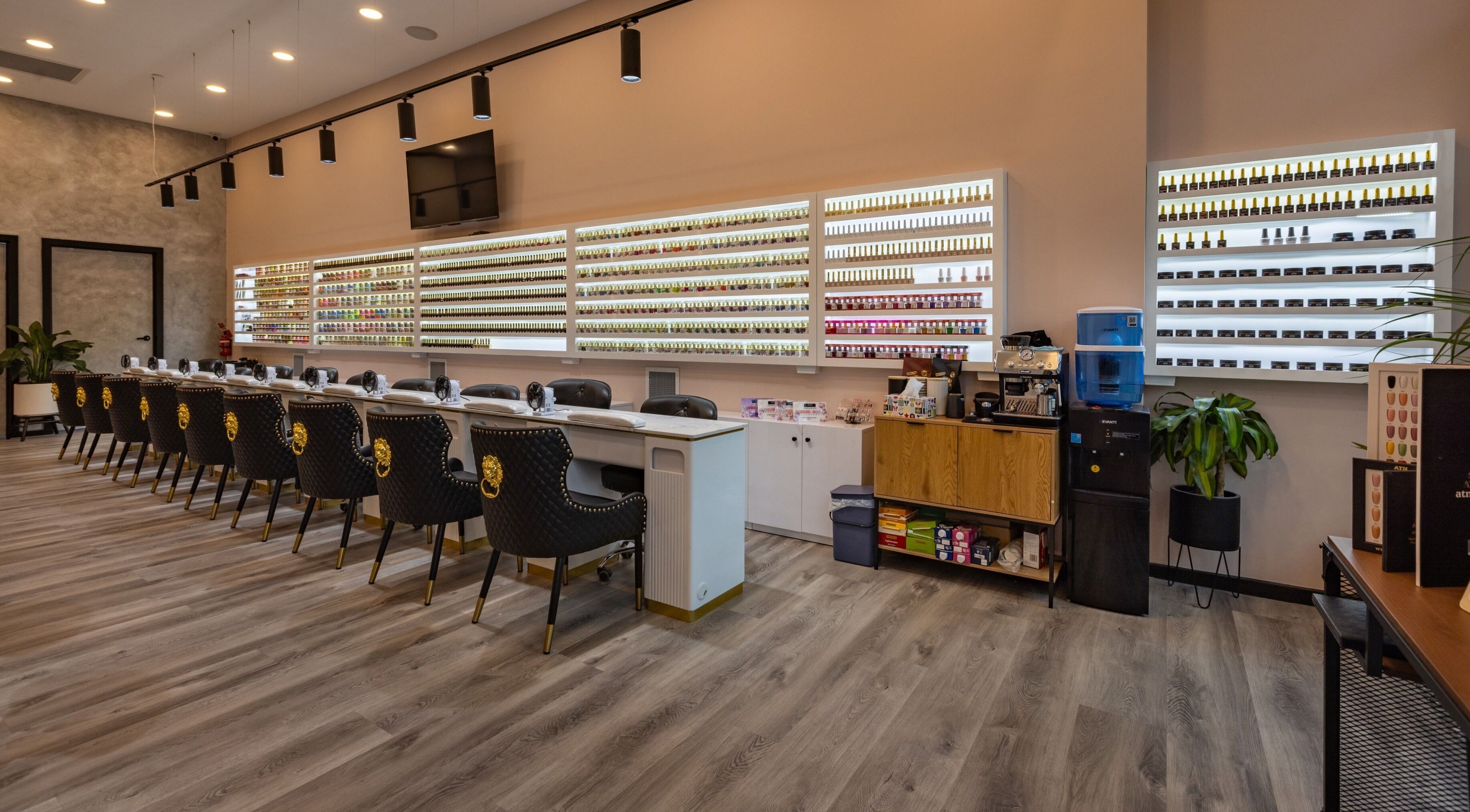 Elegant nail salon interior at Eastland Natural Nails & Beauty in Melbourne, Victoria, AU with stylish seating.