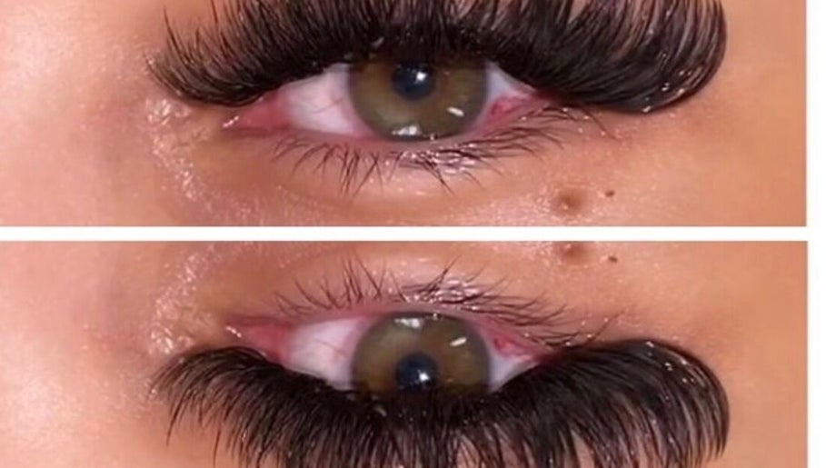 Close-up of lash extensions at Seven14, Vallejo, California, US demonstrating dramatic before and after results.
