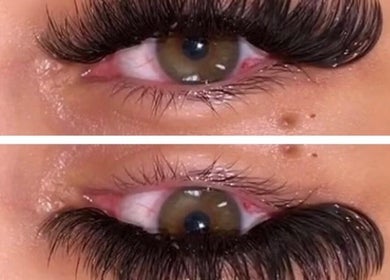Close-up of lash extensions at Seven14, Vallejo, California, US demonstrating dramatic before and after results.