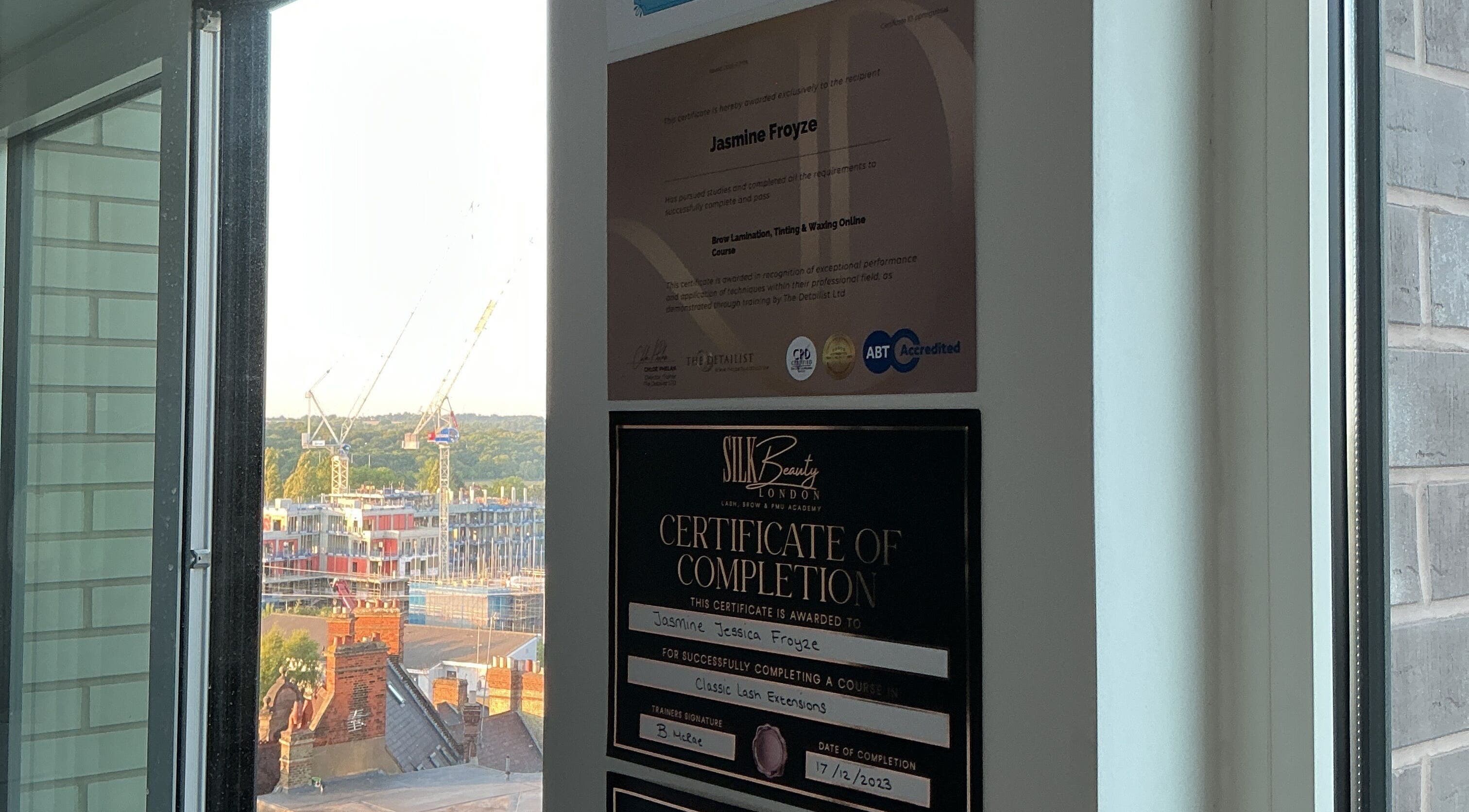 Certificates displayed at Lashed Out Bad Aesthetics, New Barnet, England, GB highlighting professional achievements.