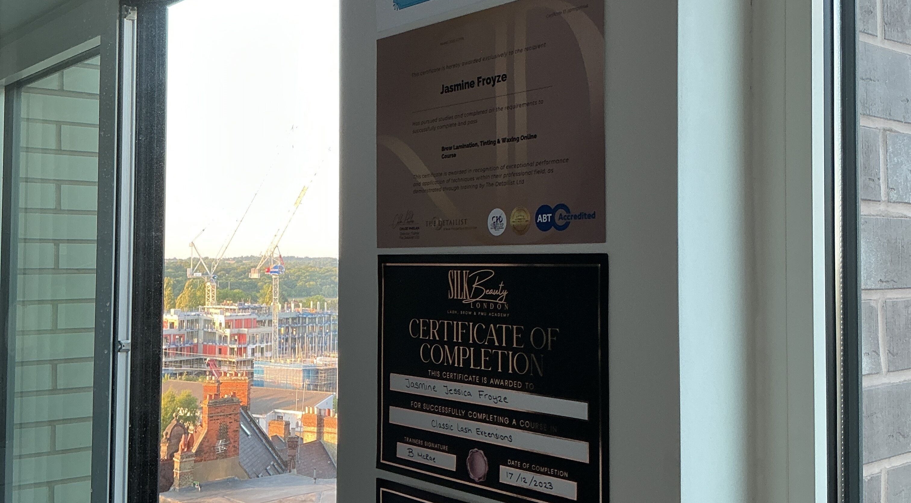 Certificates displayed at Lashed Out Bad Aesthetics, New Barnet, England, GB highlighting professional achievements.