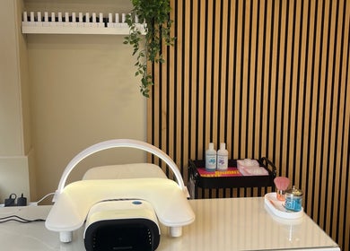Modern nail station at Nailz by Amber Mia, Exeter, England, GB features sleek design with stylish decor.