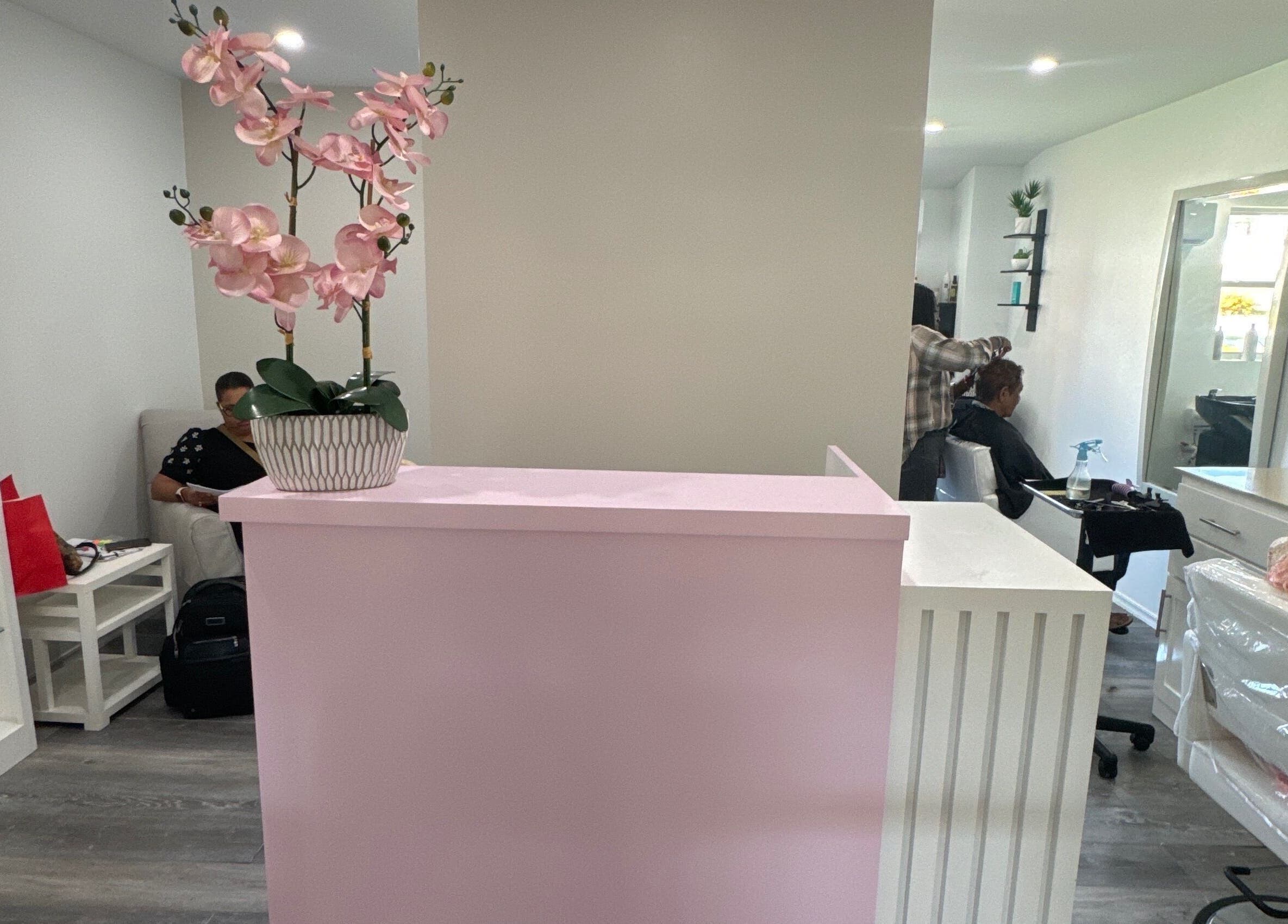 Reception and salon area of Hair By Adriana Montique at Peter, Peter, BB. Bright, chic interior with stylish decor.