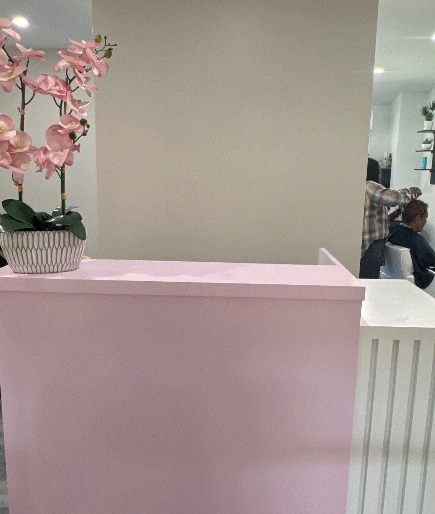 Reception and salon area of Hair By Adriana Montique at Peter, Peter, BB. Bright, chic interior with stylish decor.