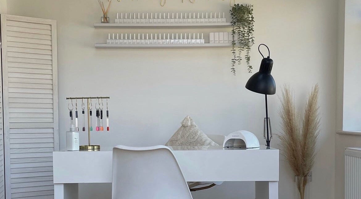 Peaceful nail spa desk setup at Bykimberleymary, Bristol, England, GB, featuring chic decor and tools.