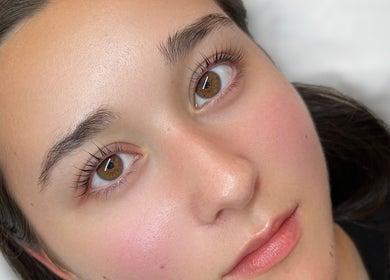Close-up of enhanced brows and lashes at She Got Brow & Lash Beauty Studio in Toronto, Ontario, CA.