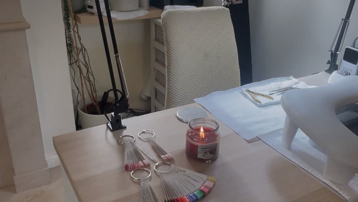Kandyse Faye | Nail Artist studio setup with tools and color palettes in Wellingborough, England, GB.