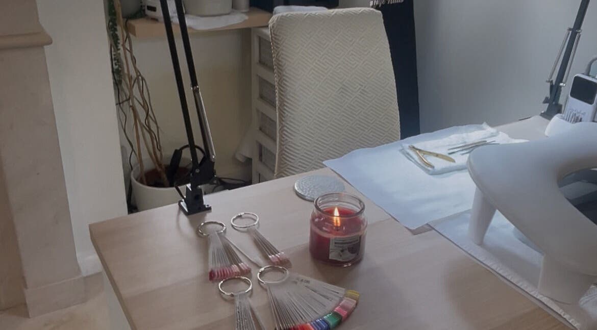 Kandyse Faye | Nail Artist studio setup with tools and color palettes in Wellingborough, England, GB.