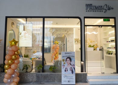 Front view of Bangs Prime Skin Aesthetics in Makati City, Metro Manila, PH, showcasing a grand opening decor.