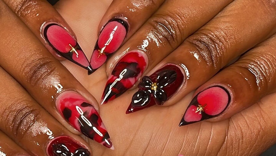 Stunning red and black nail art at Terina's Nail Studio, Kingstown, St. George, VC.