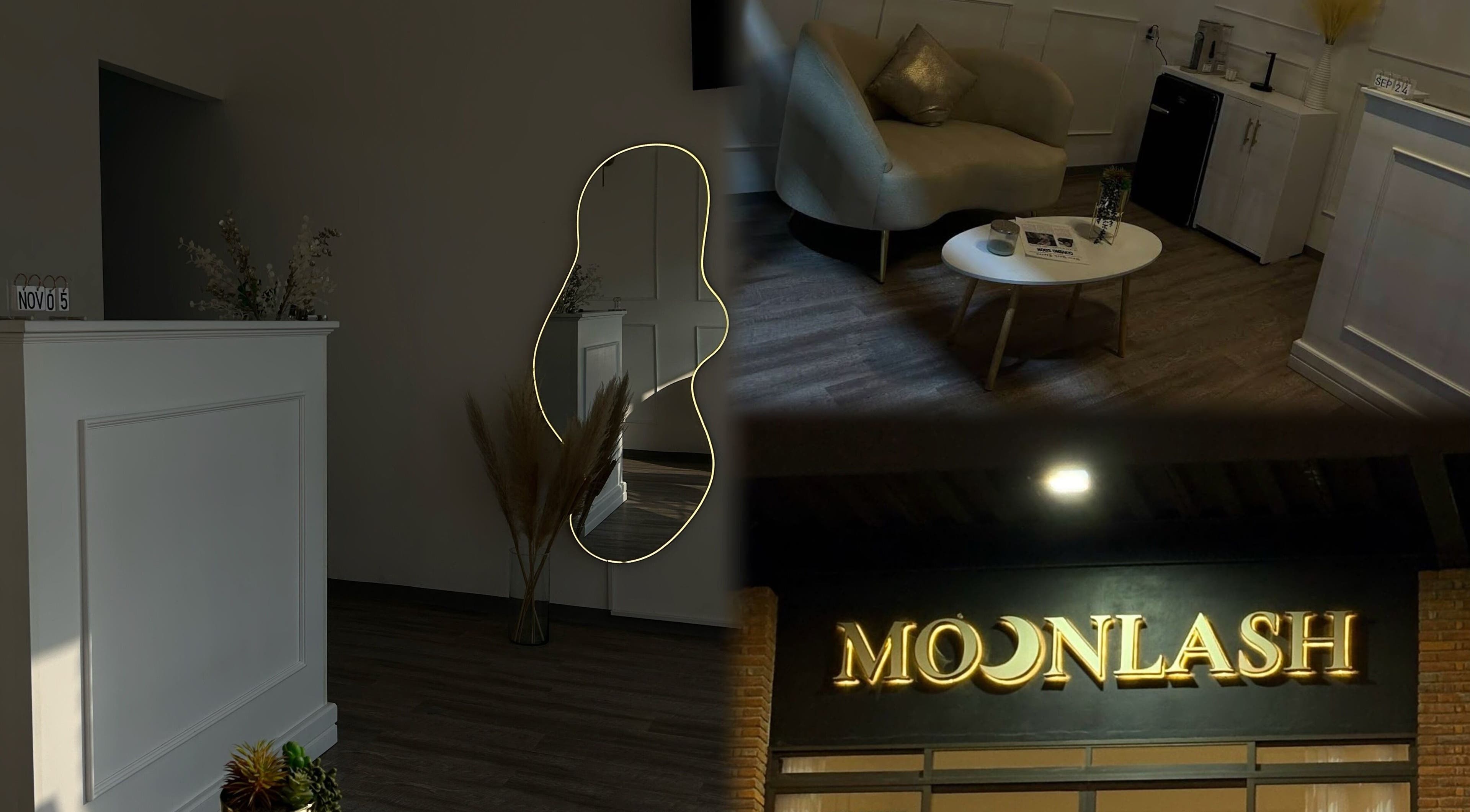 Recepción y sala elegante de MOONLASH en Metepec, Estado De México, MX, con iluminación acogedora.