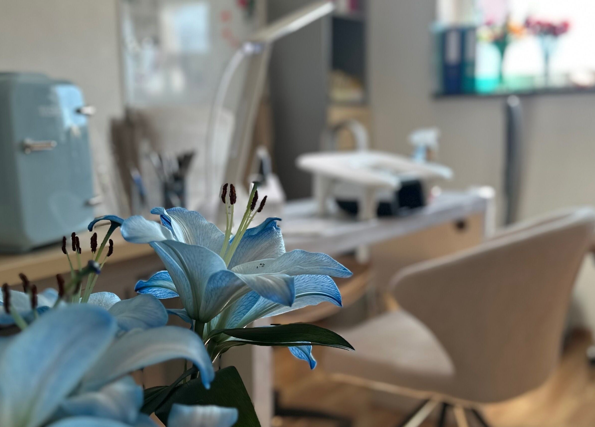 Blaue Blumen auf Nageltisch bei Lelis Nails, Vomp, Tirol, AT, schaffen entspannte Atmosphäre.