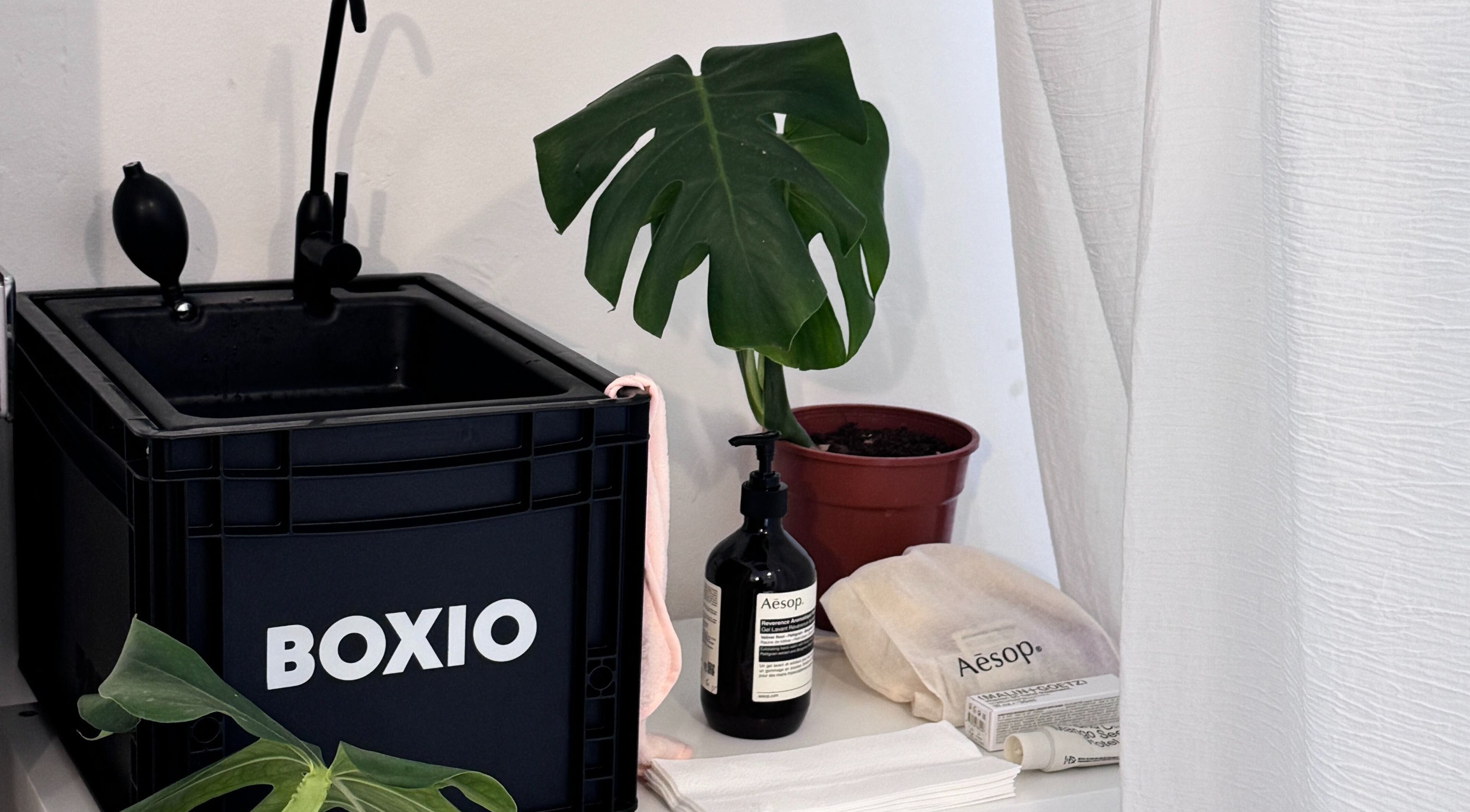 Modern sink and plant setup at Shervie Art Studio in London, England, GB for beauty and wellness ambiance.