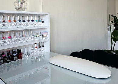 Manicure station at E R Beauty Therapy with gel polishes, Plymouth, England, GB.