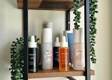 E R Beauty Therapy skincare products on a wooden shelf, Plymouth, England, GB.