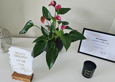 Elegant display featuring awards and decor at E R Beauty Therapy in Plymouth, England, GB.