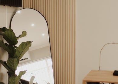 Elegant decor with mirror and green plant at BTS Beauty, Centurion, Gauteng, ZA.