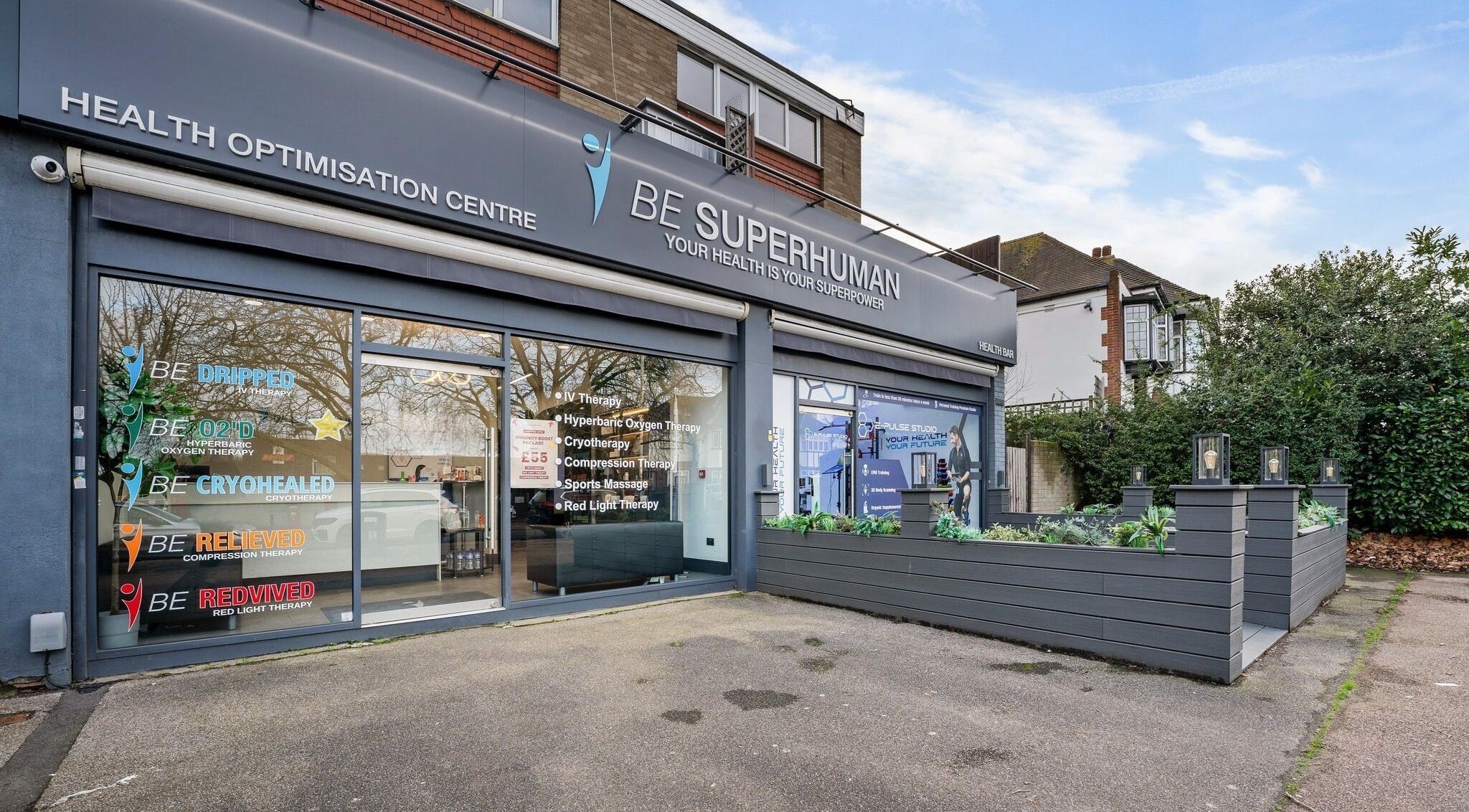 Front view of Prepare and Recover health center in Upminster, England, GB, showcasing modern wellness services.