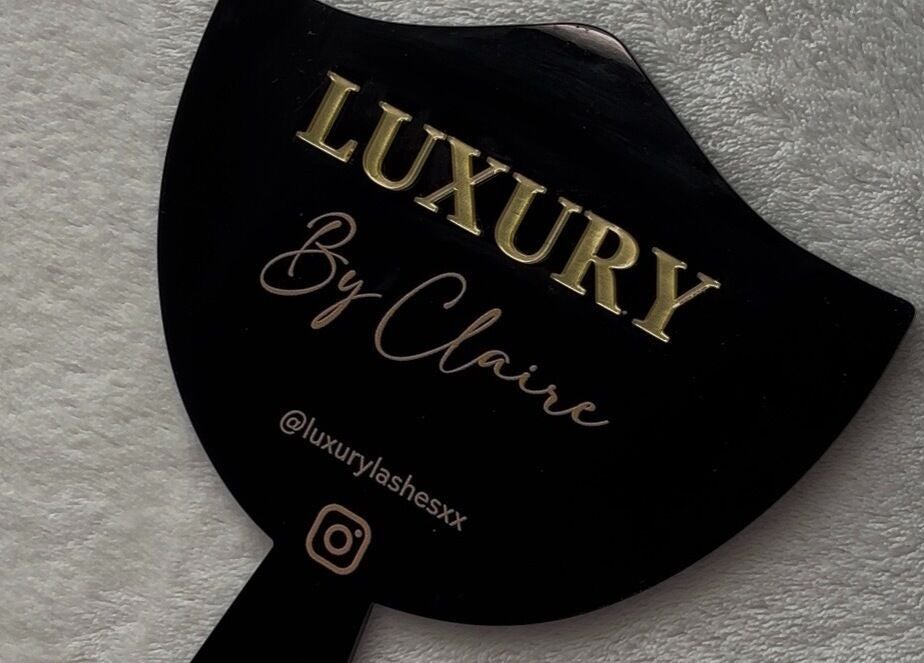 Luxury Lashes signage displayed on a black paddle fan in Ballinasloe, County Galway, IE.