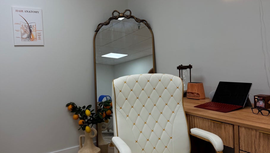 Elegant seating area at Aseel Laser Lounge, Lexington, Kentucky, US, featuring a stylish chair and mirror.