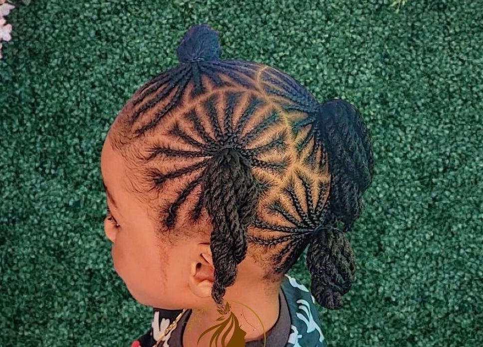 Intricate braided hairstyle at The Mane & Tame Haven in Dieppe Bay, KN.