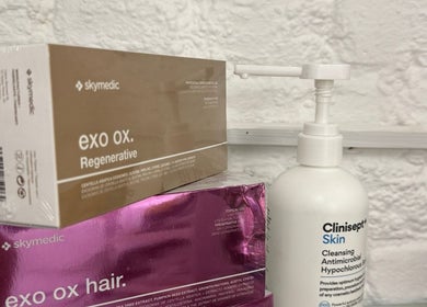Floura Clinic beauty products on display shelf in London, England, GB featuring exo ox and Clinisep Skin.