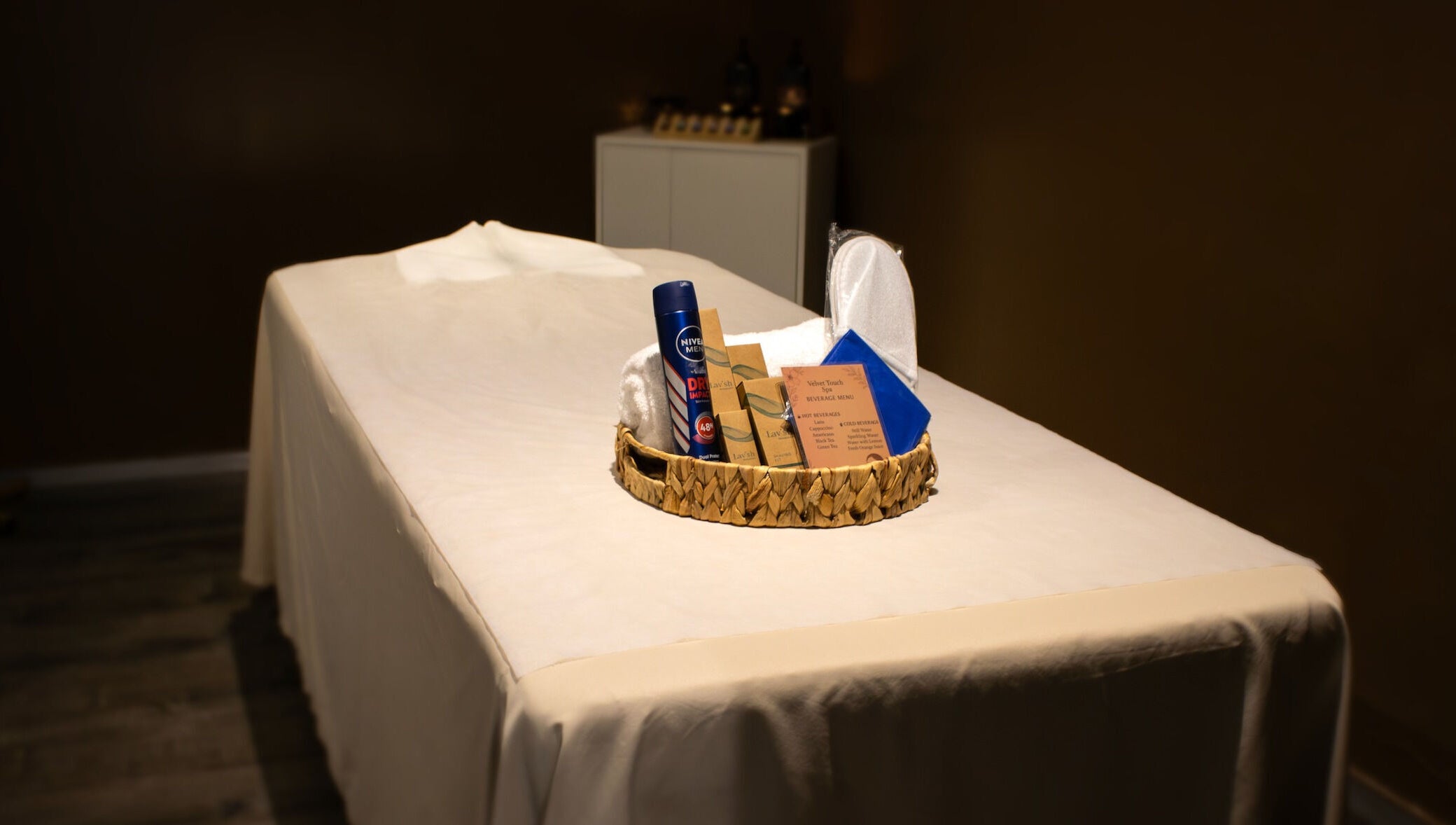 Pampering essentials on a massage table at Velvet Touch European Spa, Dubai, AE.