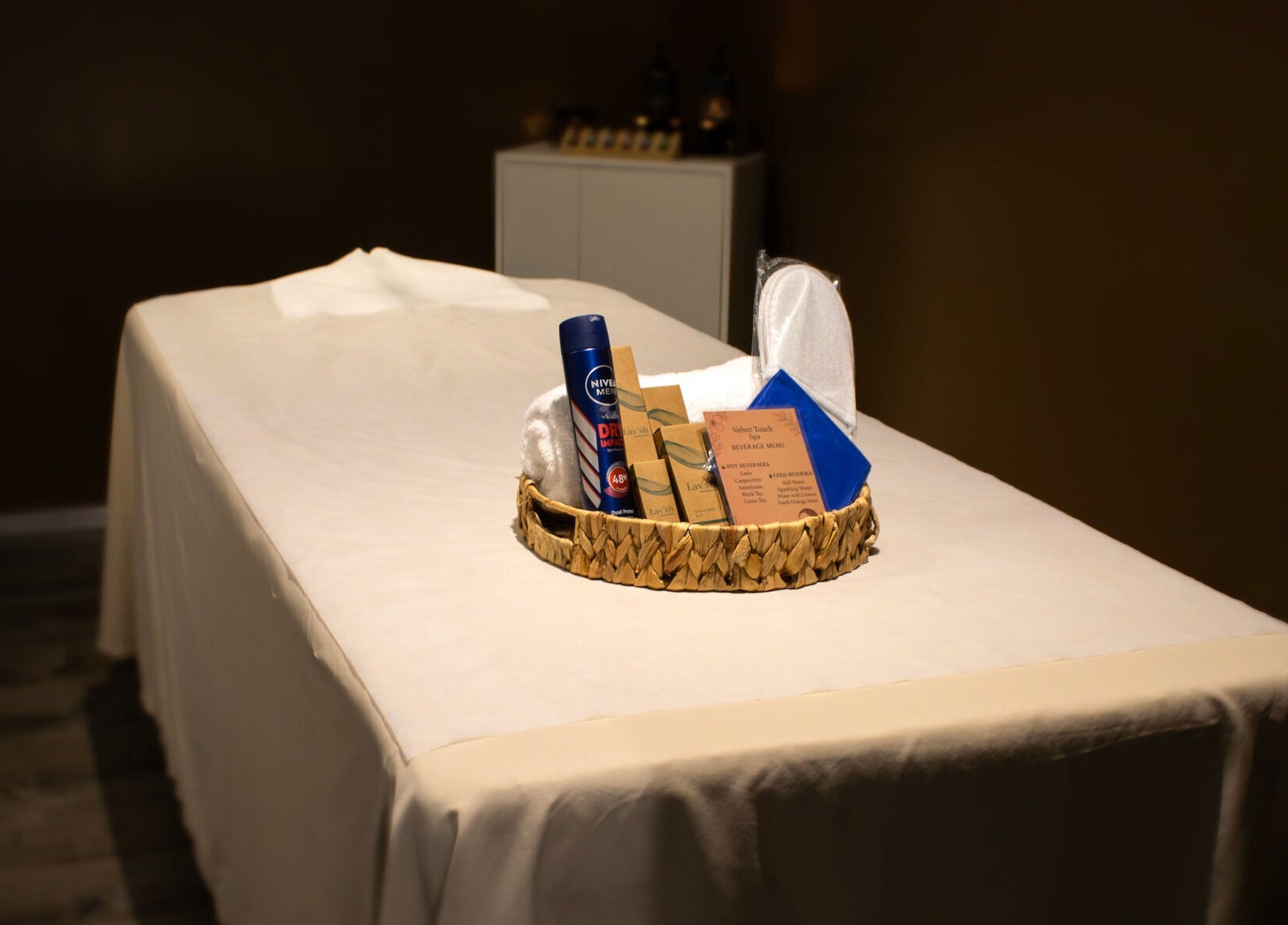 Pampering essentials on a massage table at Velvet Touch European Spa, Dubai, AE.