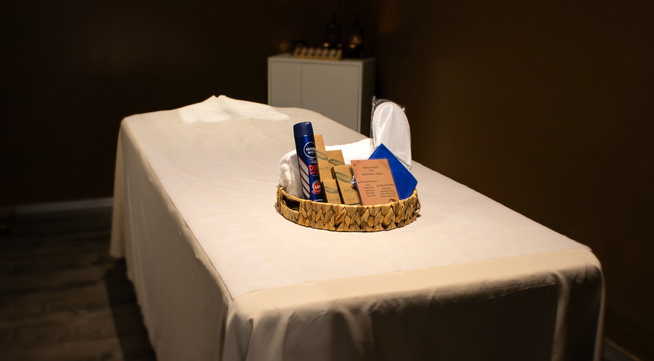 Pampering essentials on a massage table at Velvet Touch European Spa, Dubai, AE.